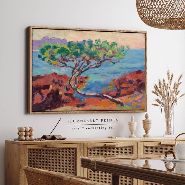 Bright Blue Tree Seascape Oil Painting Framed Canvas Art 17 for wholesale by Plumnearly Prints