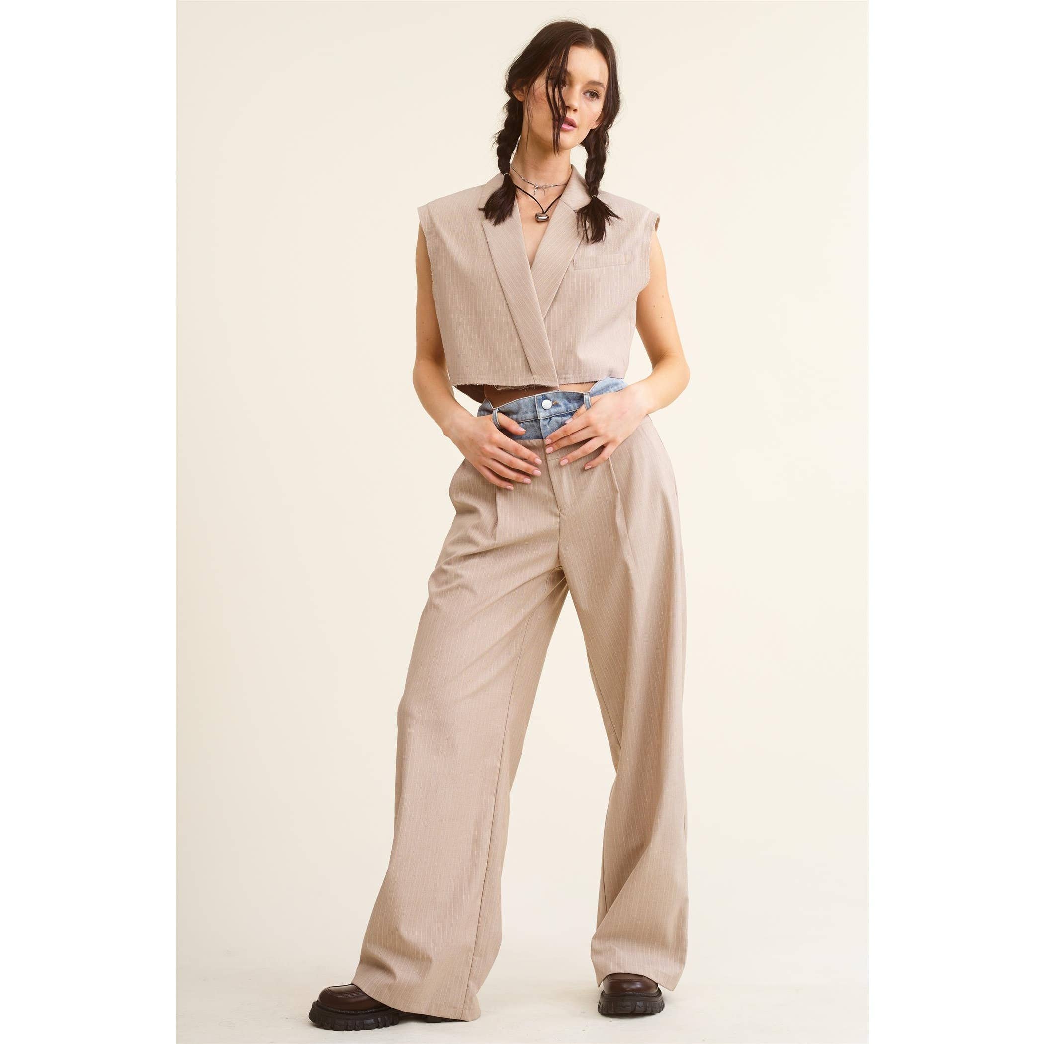BEIGE Denim Waistband Contrast Stripe Wide Leg Trousers MB5057  for wholesale on Faire20
