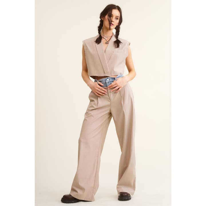 BEIGE Denim Waistband Contrast Stripe Wide Leg Trousers MB5057 for wholesale on Faire20
