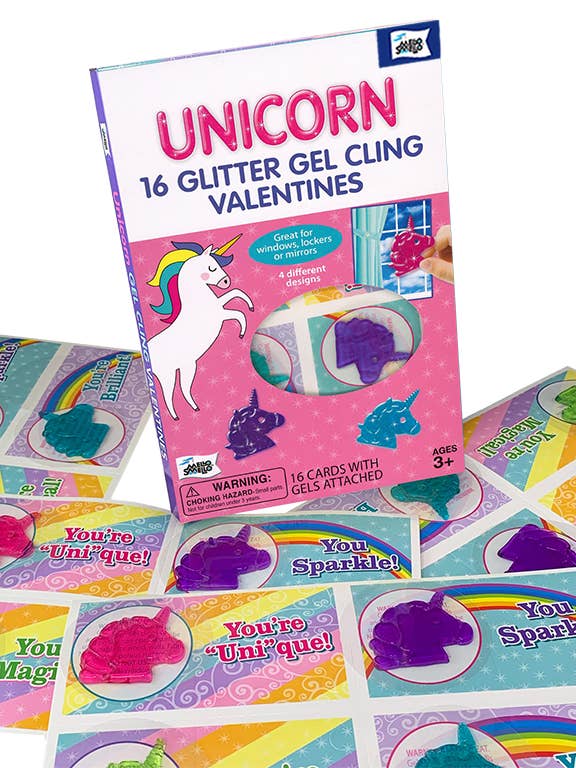 Unicorn Glitter Gel Cling Valentine's Cards for wholesale by Mello Smello