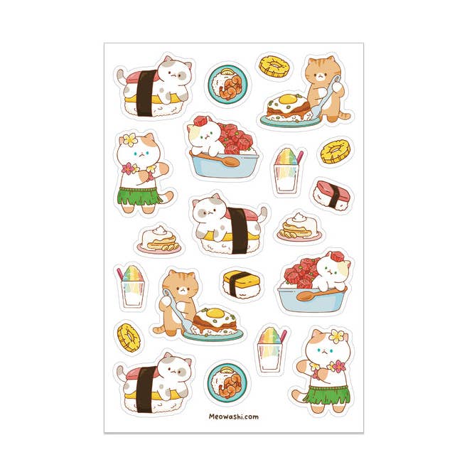 Klar klistermærkeark til katte og hawaiisk mad for engroshandel hos Meowashi Studio