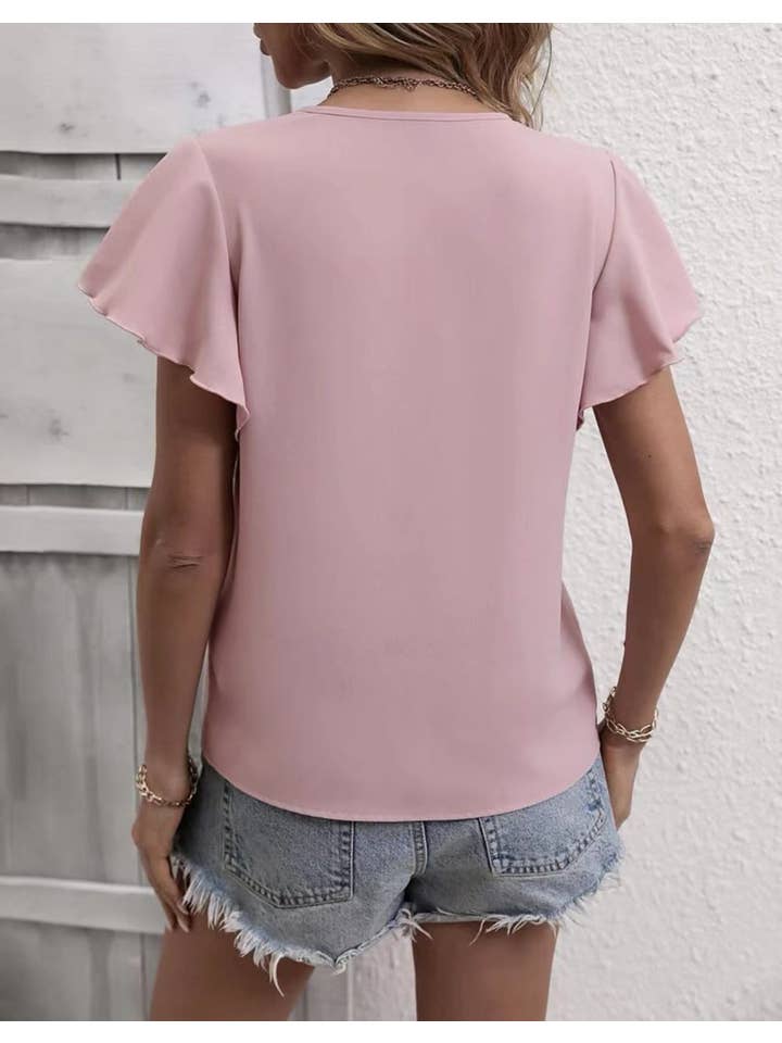 Miss Sparkling - Wholesale Blouse - Women's - V-neck Ruffle Short Sleeve Top