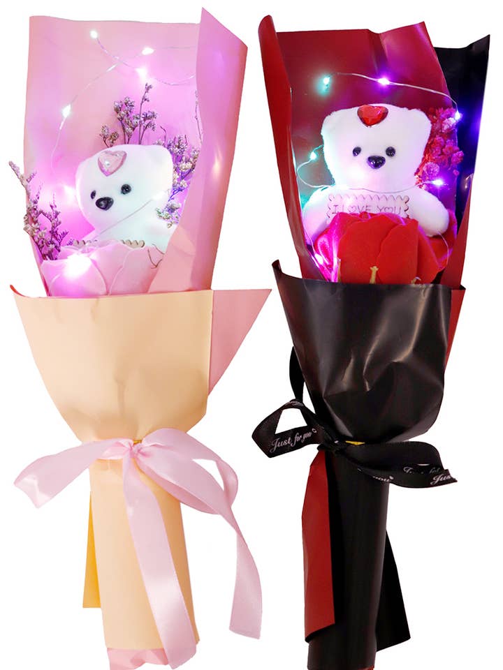 Teddy Bear Soap Rose LED Light-Up Flower Bouquet for wholesale by Cap Zone