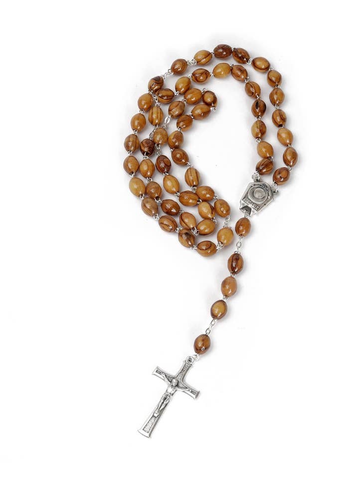 Rosario in legno d'ulivo_ Icona con centrotavola d'acqua del fiume Giordano per la vendita all'ingrosso da parte di Holyland Artisans