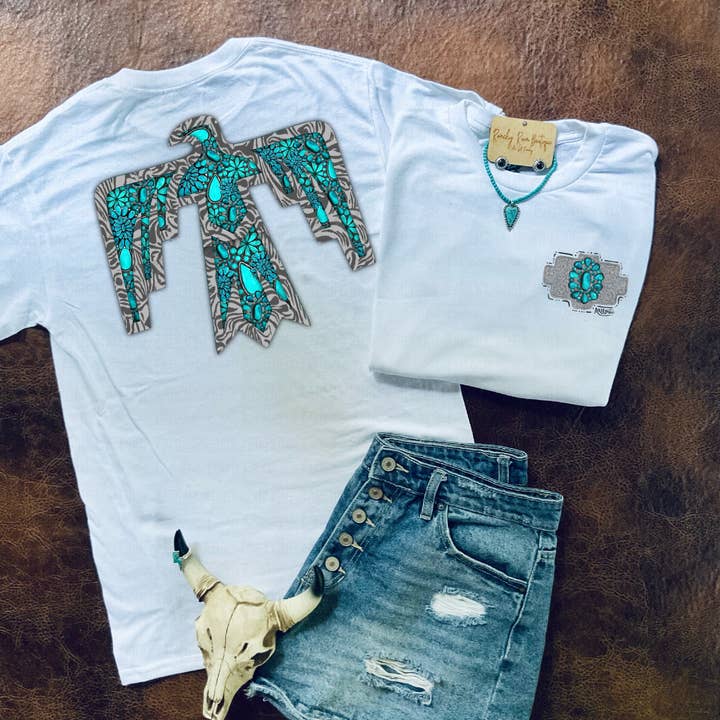 Authentiek Turquoise Thunderbird T-shirt voor wholesale door Ranchy Roan Boutique
