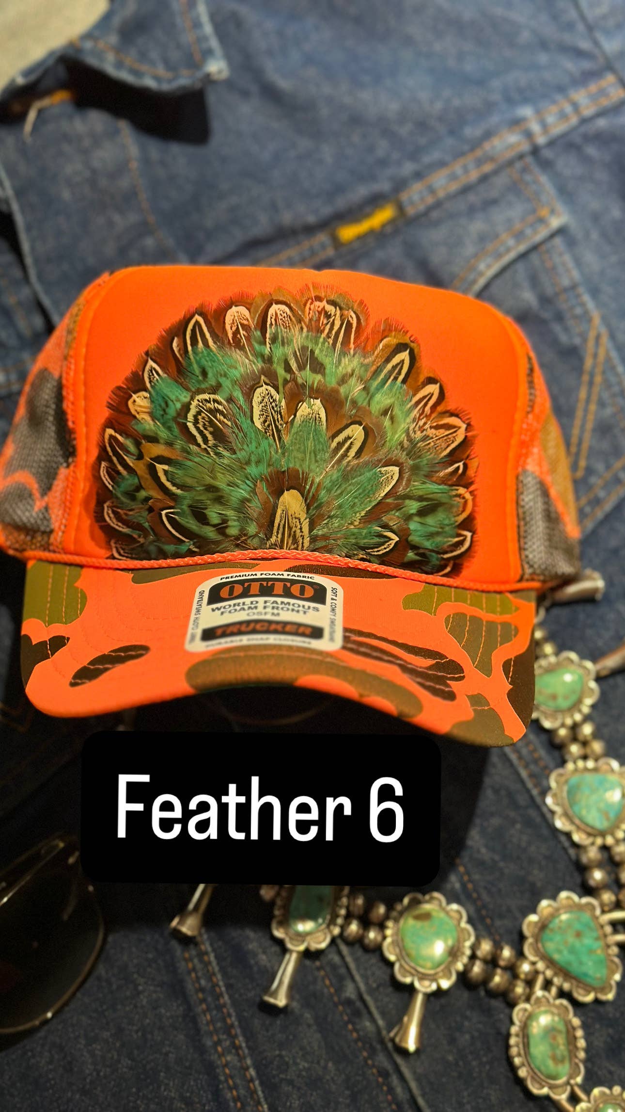 High Ho Silversmithing - Wholesale Trucker Hat - Women's - ORANGE CAMO CAMOUFLAGE FEATHER TRUCKER HAT5