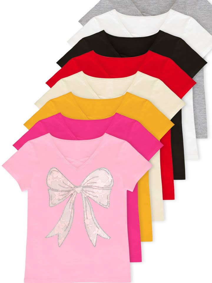 GKT-16810A-833 Pigernes Grafiske T-shirt med Sløjfe Patch & Rhinsten for engroshandel hos Cutie Patootie Clothing