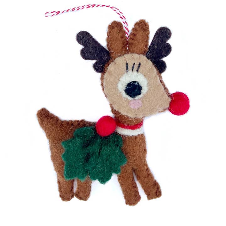 Reno con adorno navideño de lana de fieltro de acebo para venta al por mayor de Ornaments 4 Orphans