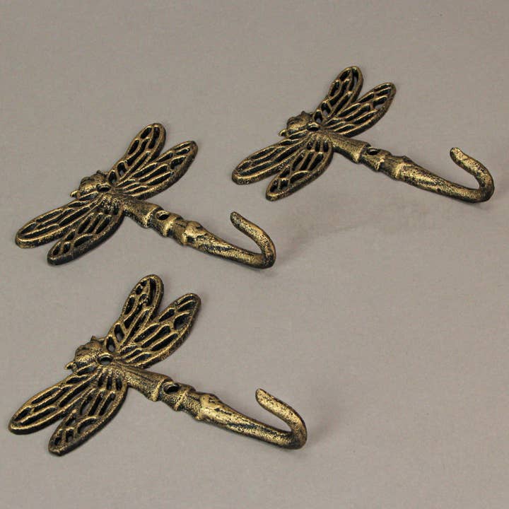 Zeckos - Wholesale Wall Hook - Antique Gold Cast Iron Dragonfly Wall Hook Decor Set of 33
