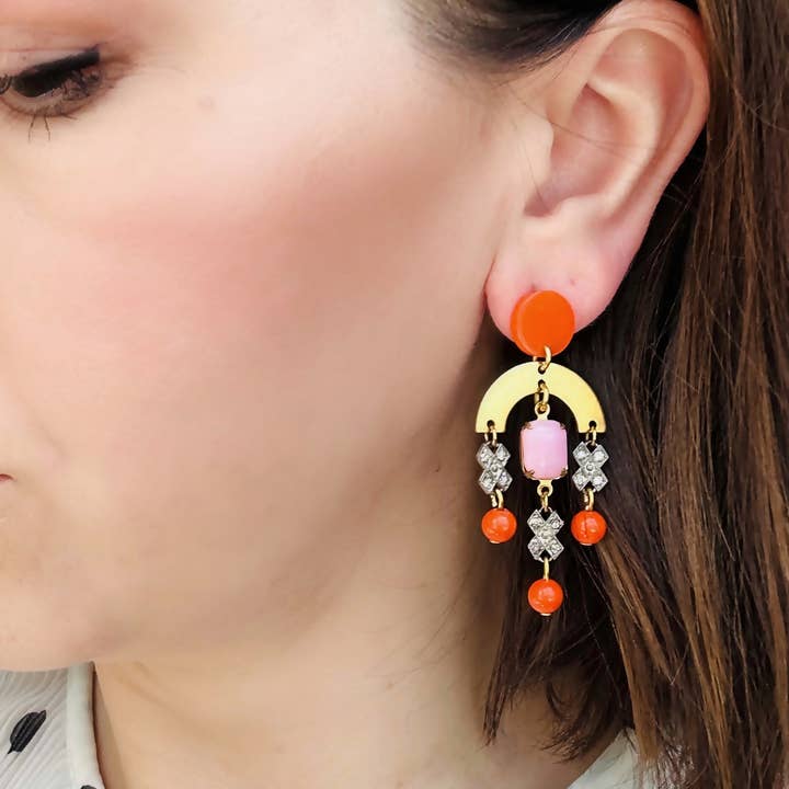 Lulu’s Petals - Wholesale Dangle Earrings - Refashioned vintage pink, orange, and rhinestone chandelier earrings w/ brass arc1