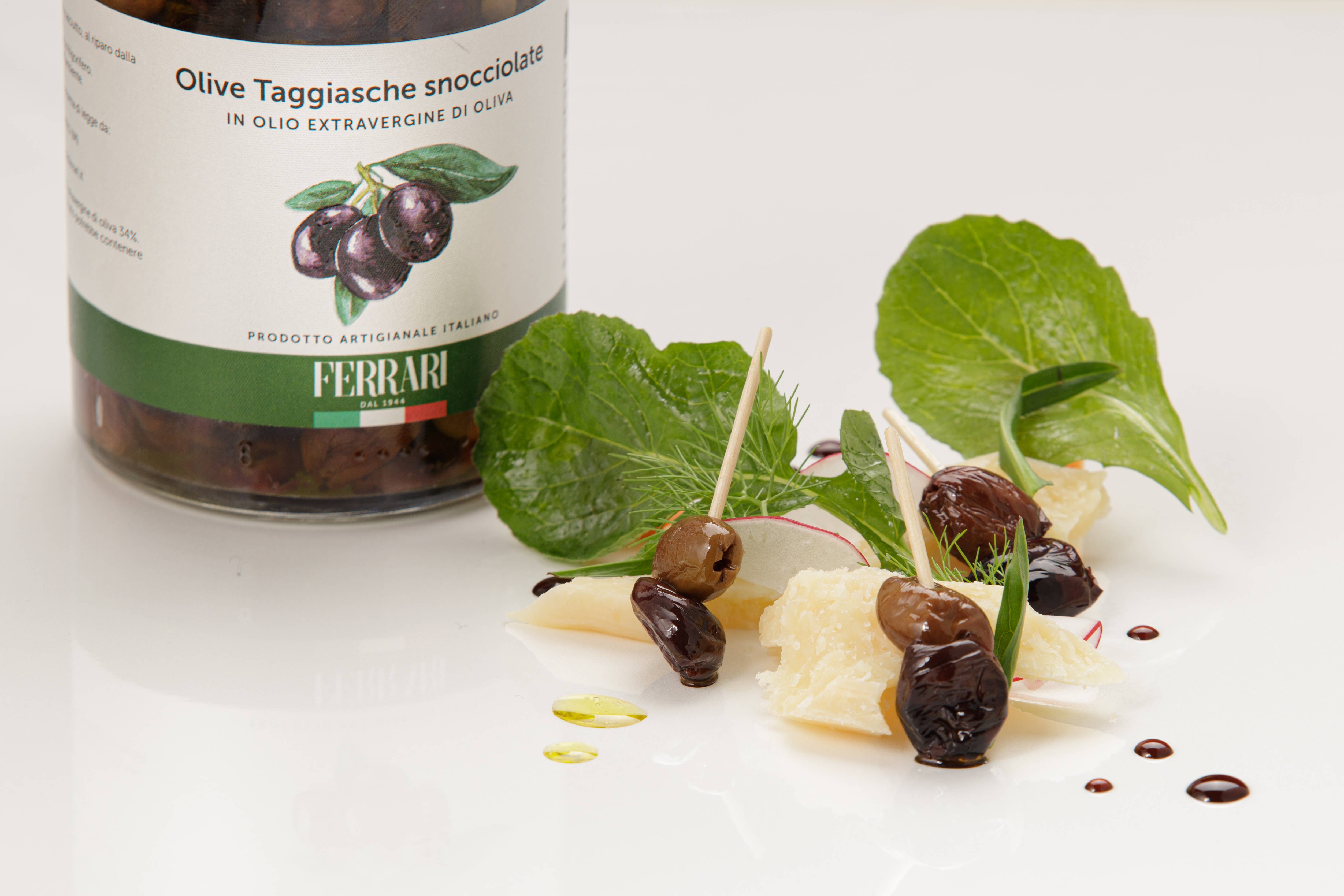 OLIO FERRARI – Engroshandel Oliven – Taggiasca-oliven i ekstra jomfru olivenolie 270 g3