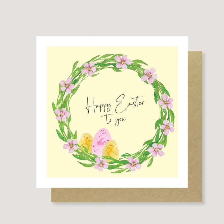 Pastel Watercolor Easter Greeting Card with Wreath Design for wholesale by Heather Trefusis Art - Greeting Cards (*US Duties Paid*)