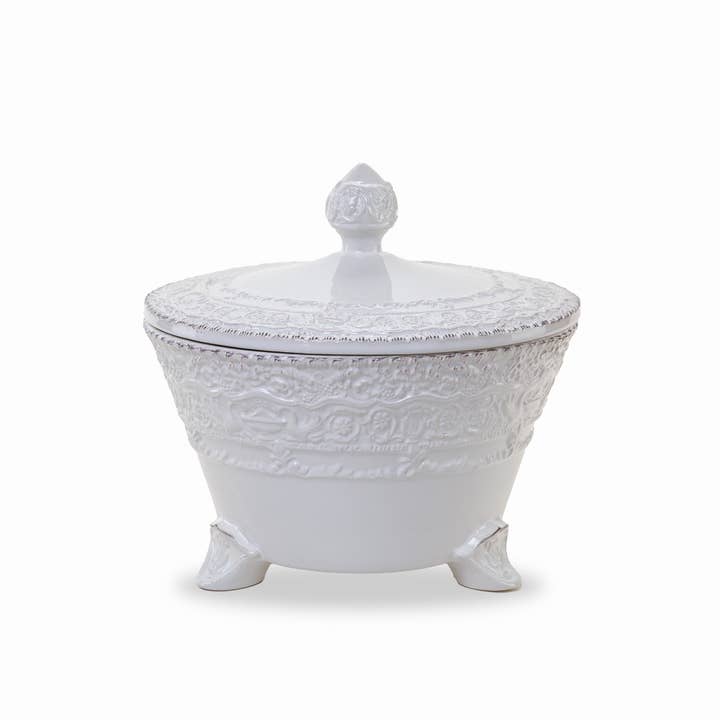 Renaissance White Footed Bowl with Lid for wholesale by Arte Italica & Crown Linen Designs
