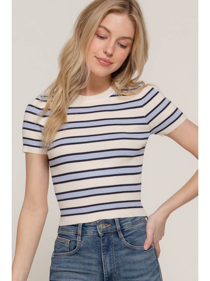 Active Basic | Active USA - Wholesale Knit Top - Women's - Short Sleeve Crew Neck Multi Stripe Spring Sweater8