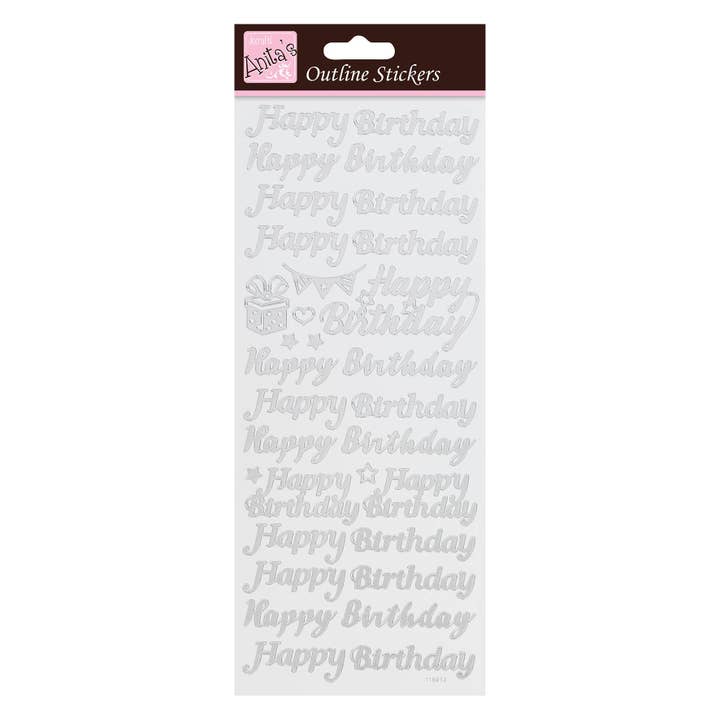 Anitas Outline Stickers, Happy Birthday, Silver on White for wholesale by West Design Products UK