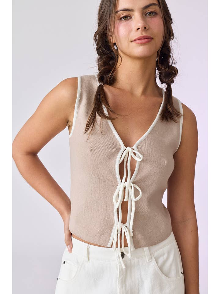 Taupe White PT50405 - Audrey Front Tie Sweater Knit Top for wholesale on Faire