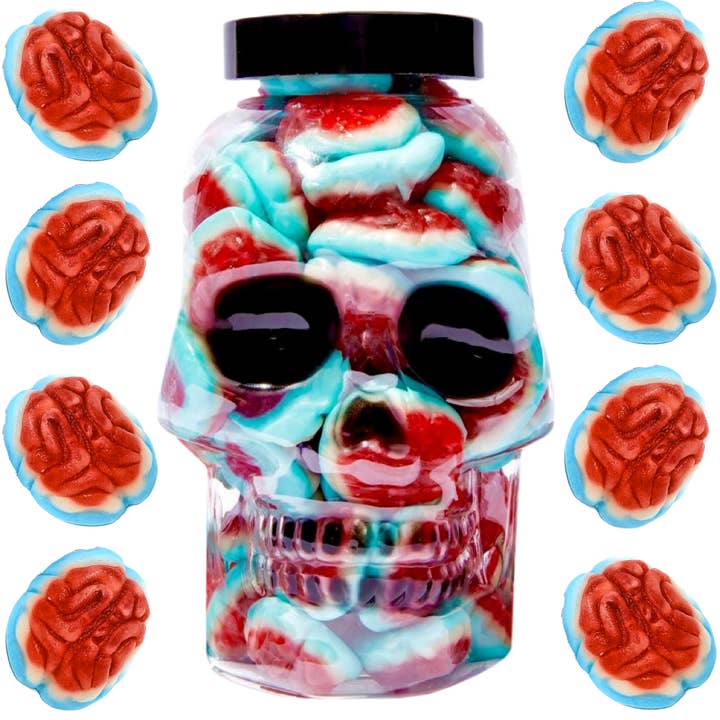 Halloween Candy Skull Jar with Gummy Brains for wholesale by Purple Plum