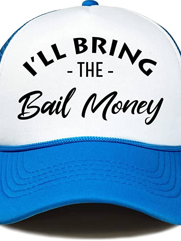 Trucker Hat - I'll Bring The Bail Money (White/Aqua) for wholesale by Funky Junque