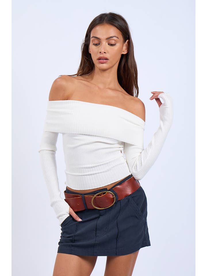 Sky to Moon - Wholesale Knit Top - Women's - OVERFOLD OFF-SHOULDER SLIM FIT-IN KNIT SWEATER TOP
