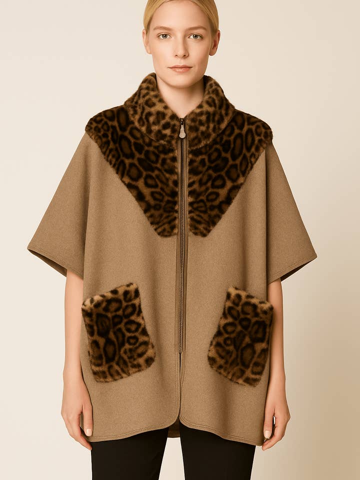 WCK520132 Adi Flannel Leopard Fur Zipper Front Cape for wholesale by MiMi Wholesale