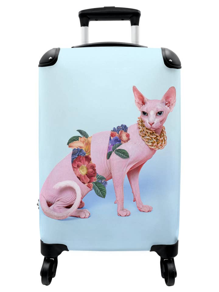 Koffer - Kat - Bloemen - Goudenketting - Blauw voor wholesale door MuchoWow