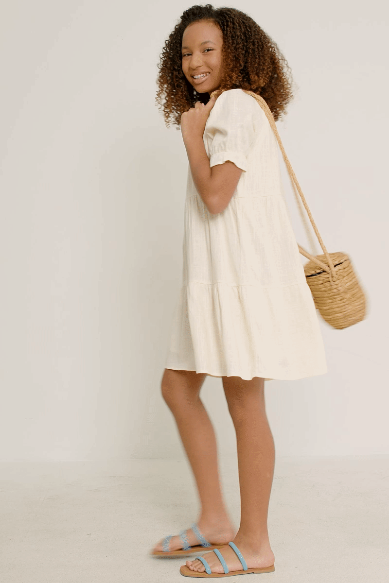 Hayden LA - Wholesale Dress - Kids - Girls V Neck Tie Detail Cinch Sleeve Dress1