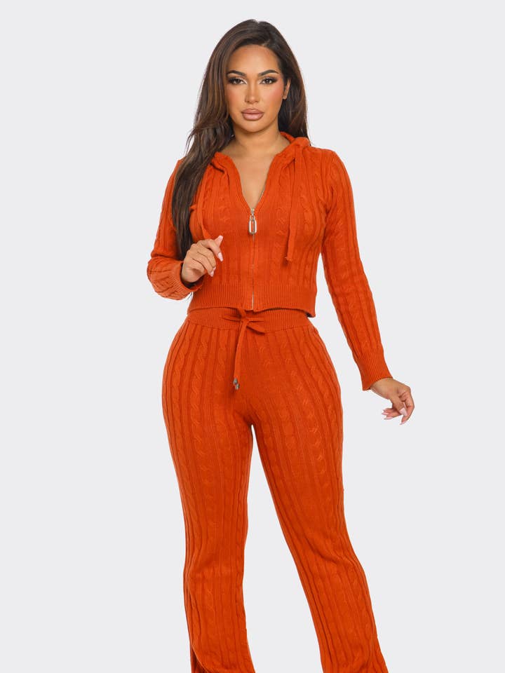 HOODED KNIT TOP AND PANTS SET for wholesale by Boswell