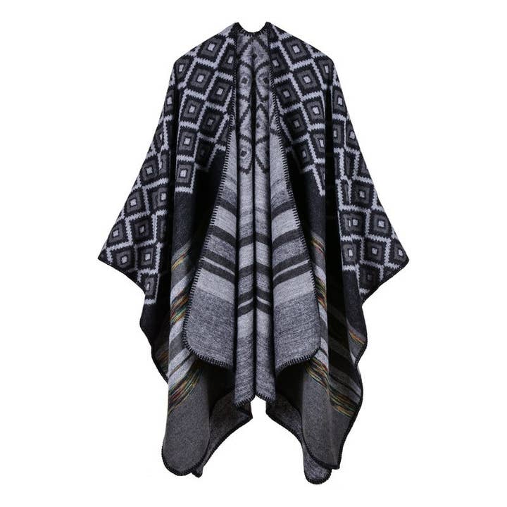 Svelte Seduction - Wholesale Poncho – Women's - Elara Ladies Rhombus Color Stripes Shawl High End