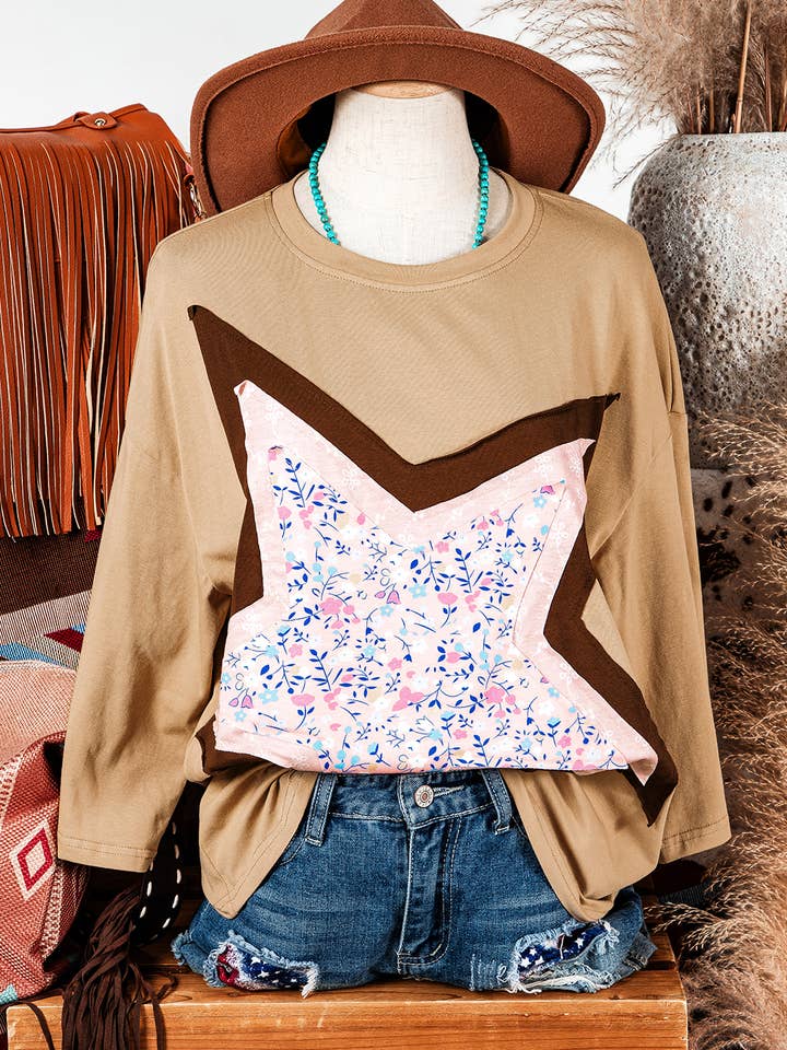 Fashion-W Floral Star Patchwork 3/4 Long Sleeve Top for wholesale by fashionworks