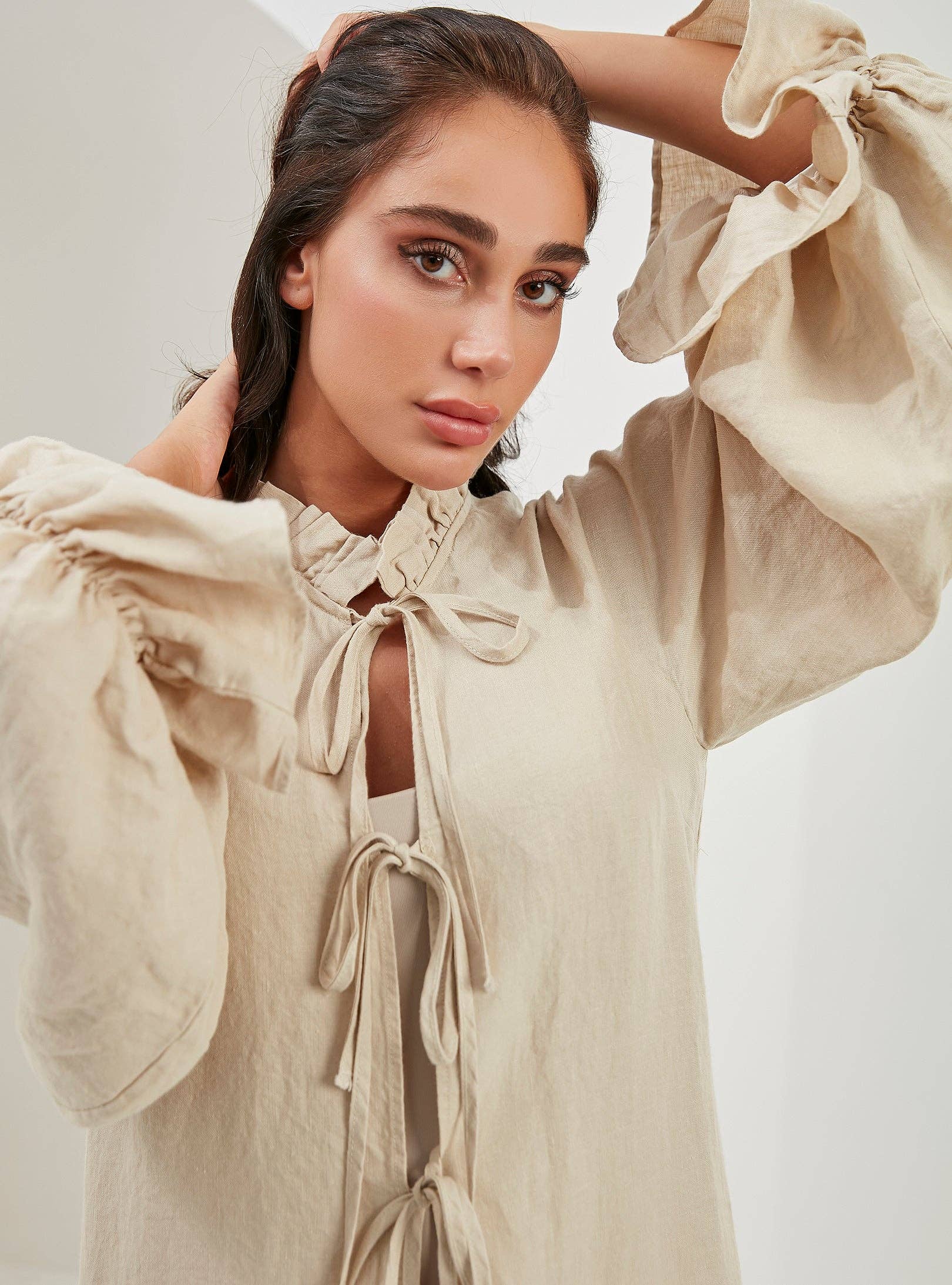 Store WF – wholesale Top & pants set (NOT Loungewear) – Women's – 100% Washed Linen Beige Balloon Sleeve Kimono Trousers Set7