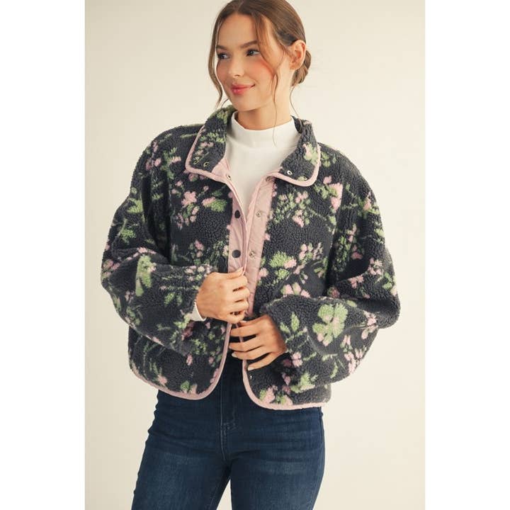 CHARCOAL NEW Floral Fleece Jacket for wholesale on Faire1