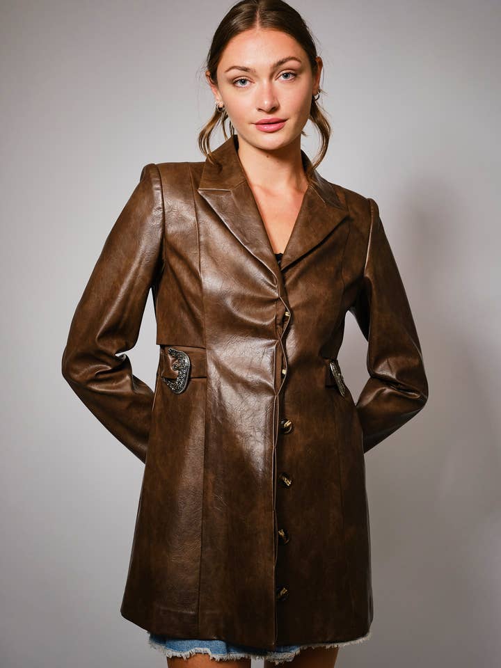 37163J Western Buckle Faux Leather Blazer for wholesale by Blue B