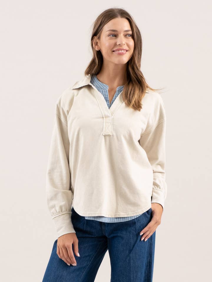 Blu Pepper - Wholesale Knit Top - Women's - WASHED COLLARED LONG SLEEVE KNIT TOP
