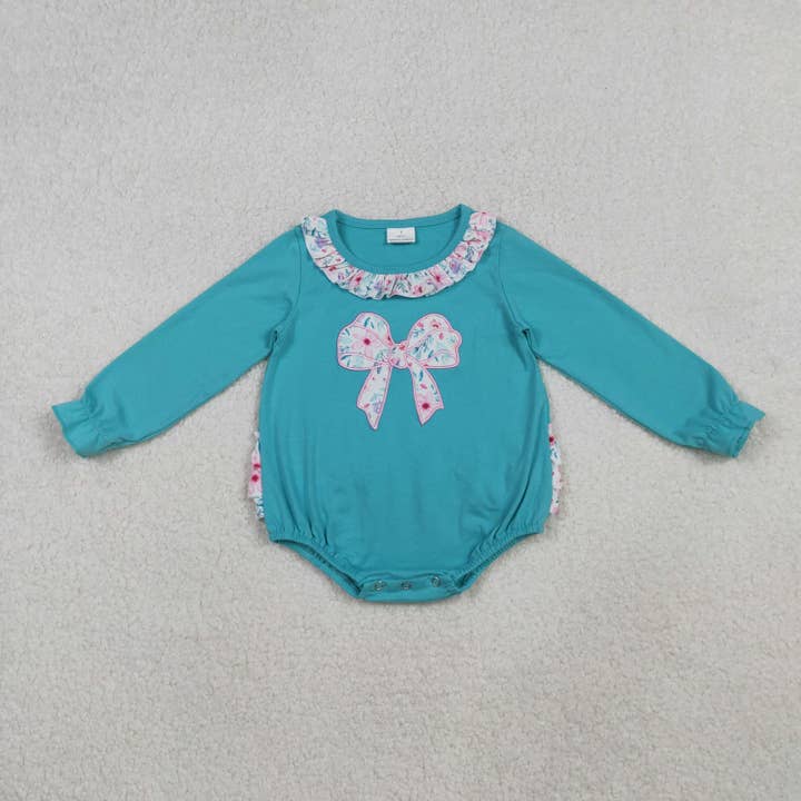 Embroidery Floral Bows Baby Girls Ruffle Collar Bubbly Rompers for wholesale by Aier Wholesale
