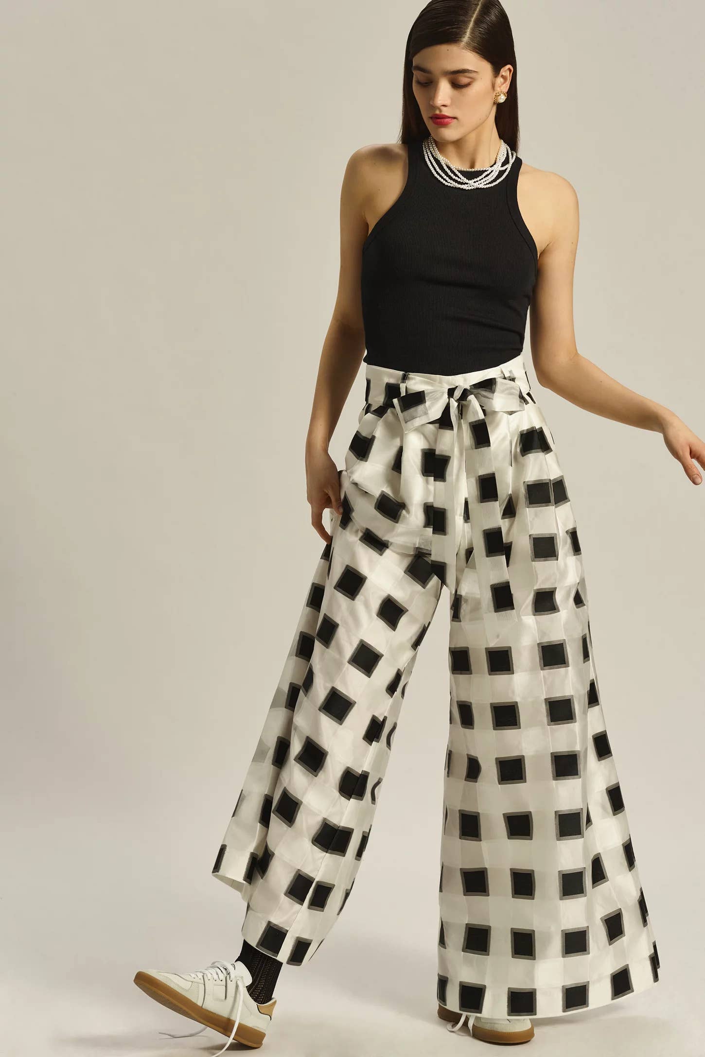 Belted Wide-Leg Pants - Black and White Check for wholesale on Faire
