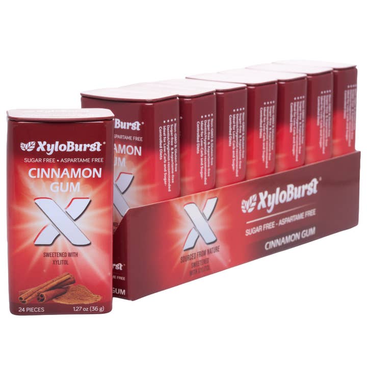 Pot de chewing-gum à la cannelle sans sucre XyloBurst 24 unités (lot de 8) pour la vente par Focus Nutrition