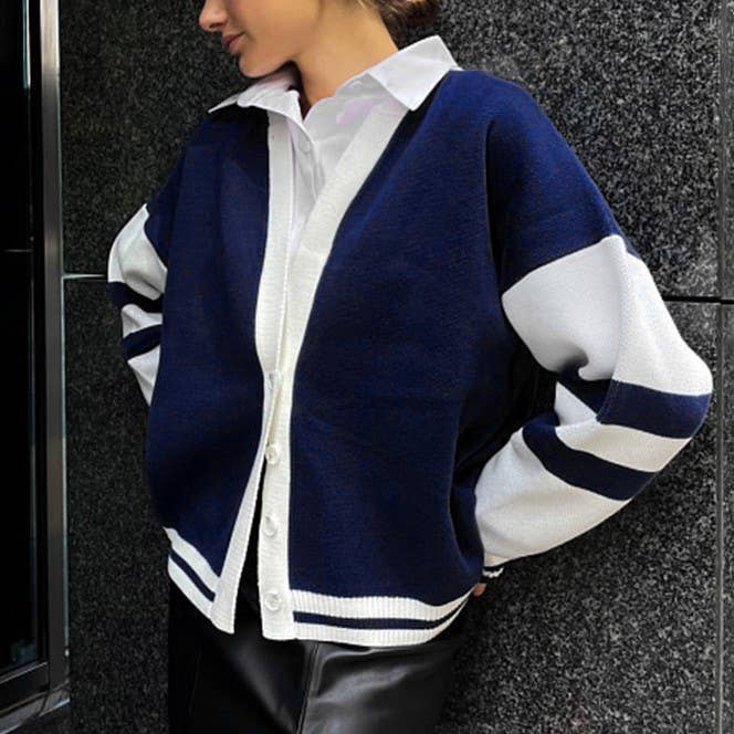 Rosa Clothing - Wholesale Cardigan - Women's - Stylish Contrast Color Striped Minimalist Cardigan2