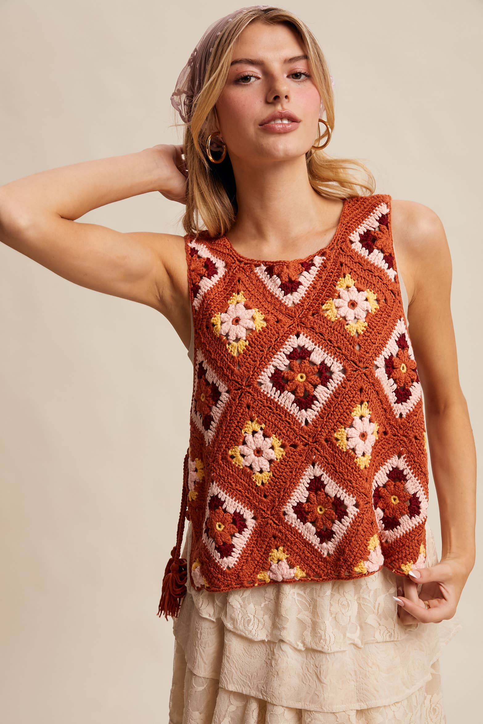Listicle - Wholesale Sweater Vest - Women's - Crochet Granny Square Tassel Tie Vest LSW100624