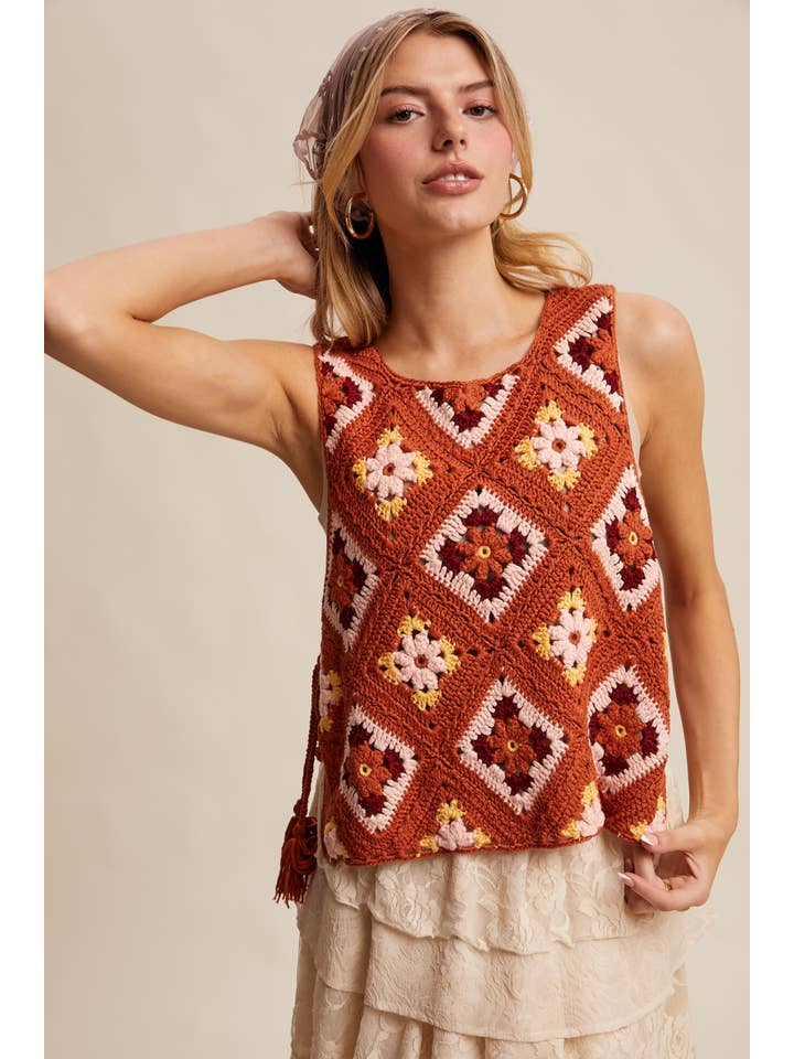 Listicle - Wholesale Sweater Vest - Women's - Crochet Granny Square Tassel Tie Vest LSW100628