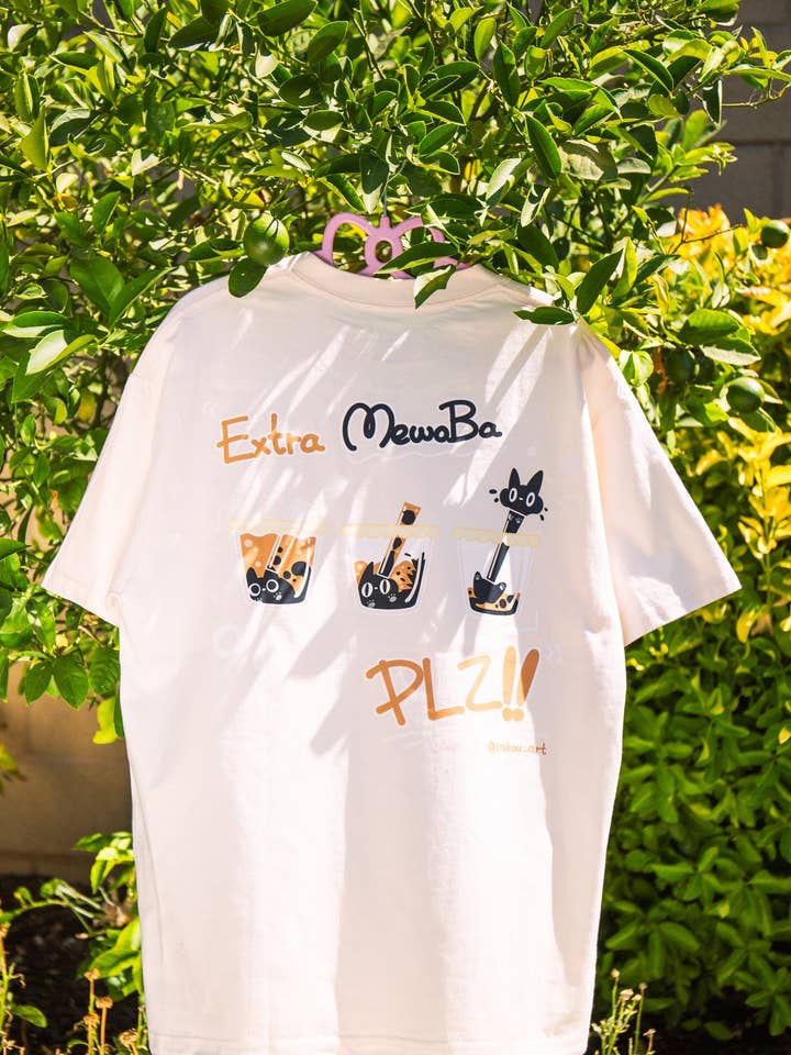 Cute Mewoba Oversized T-Shirt | Double-Sided Pattern | Boba Cat | Unisex Tee | Mikou Original Art for wholesale by MikouArt