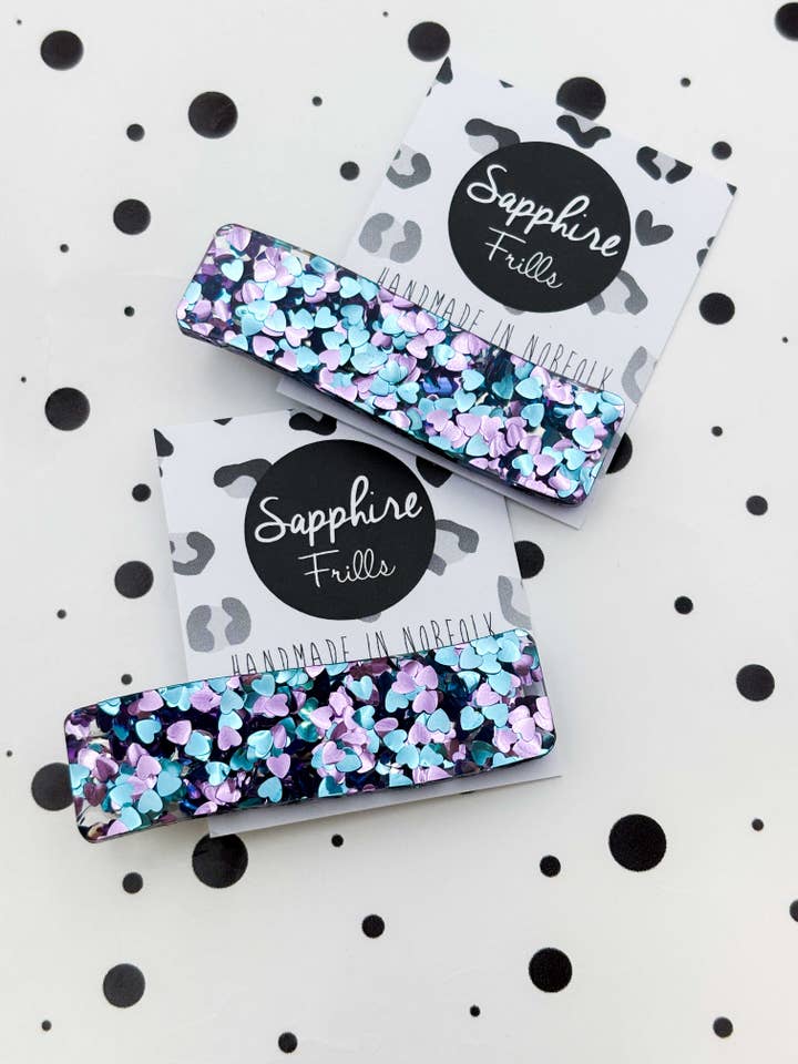 Blue & Lilac Heart Sequin Rectangle Wave Acrylic Hair Clip for wholesale by Sapphire Frills Ltd