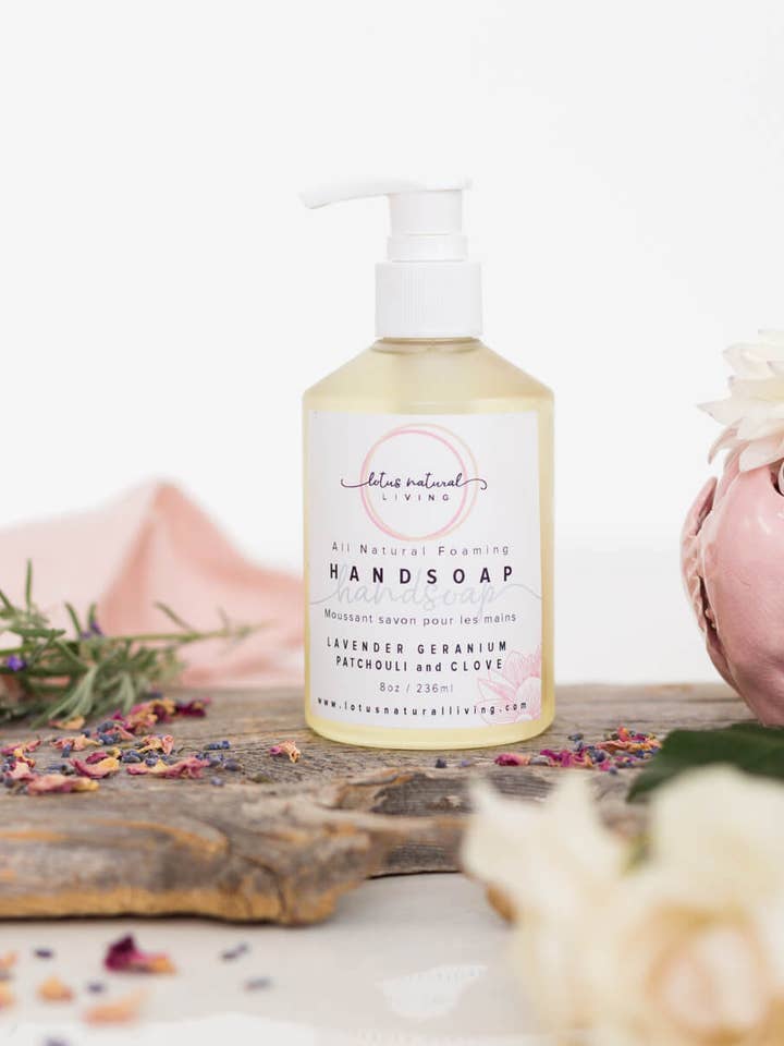 Lavender, Geranium, Patchouli & Clove Foaming Hand Soap for wholesale by Lotus Natural Living
