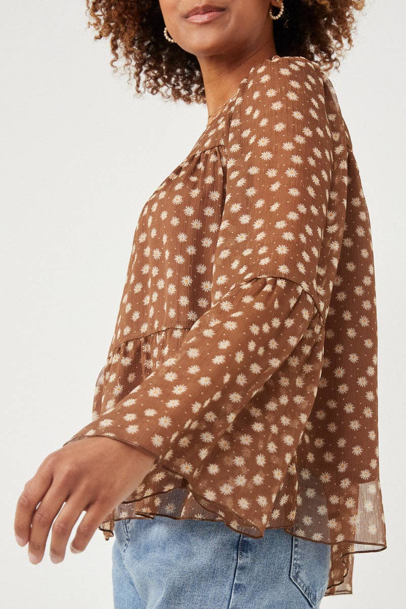 Brown Womens Daisy Print Tiered Chiffon Top for wholesale on Faire3