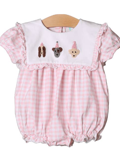 French Knot Birthday Party Pups Pink Gingham Short Sleeve Bubble for wholesale by The Smocked Flamingo