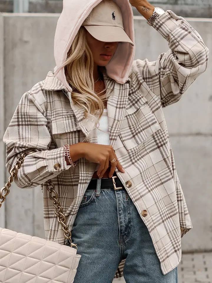 Khaki Plaid Shirt emovable Hood Buttoned Shacket for wholesale on Faire1