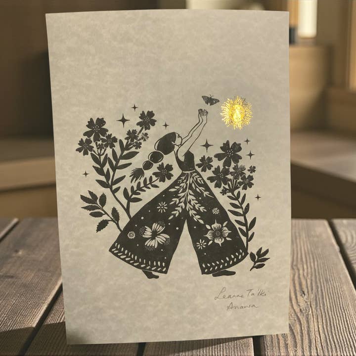 Linocut Style Hippie Girl Folk Art Print, A4 Size for wholesale by Spirit of Lemuria