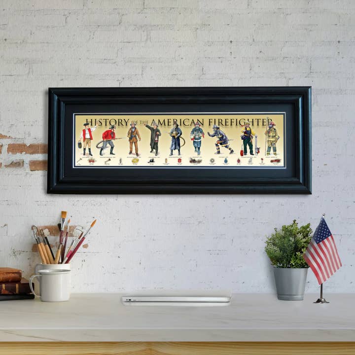 History of the American Firefighter - Framed 2" Black Double Matted, Grooved Molding 6" x 24" for wholesale by History America