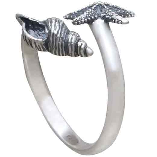 Nina Designs - Wholesale Cocktail/Statement Ring - Sterling Silver Adjustable Starfish and Conch Shell Ring