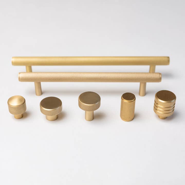 Solid Brass Knurled Kitchen Pull Handles & Knobs - Satin Brass for wholesale by Brass bee