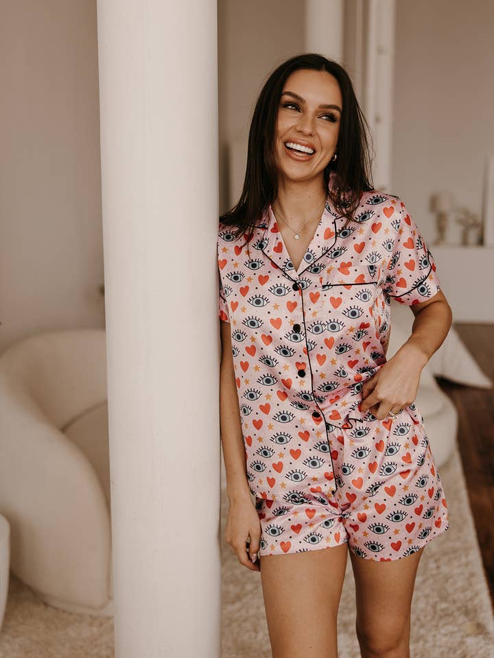 Pijama rosa con estampado, lindo conjunto a juego de 2 piezas, ropa de dormir para venta al por mayor de Spikes and Seams